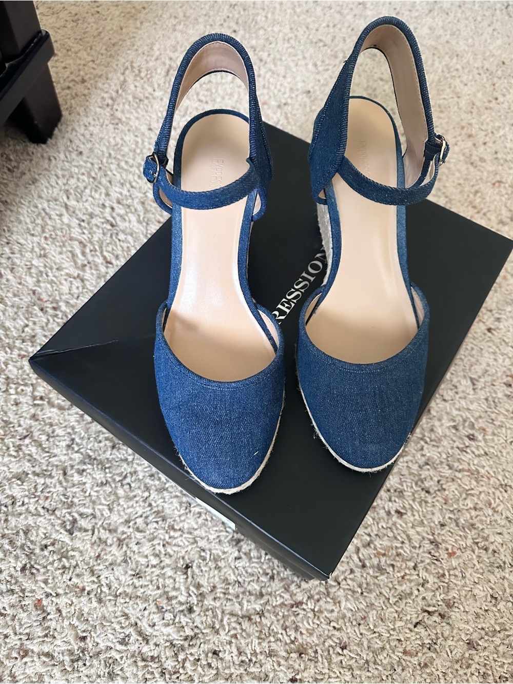Expressions Denim Blue Ankle-Strap Espadrille Wedges